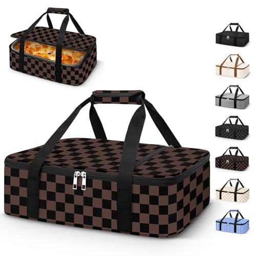 Coobiiya Insulated Casserole Carrier,Lasagna Lugger Tote Keeps Food Hot or Cold,Thermal Lunch Bag Warmer & Cooler Carrier Bag,Portable Tote Bag Fits 9" x 13" Baking Dish for Picnic and Cookouts - color: Brown Grid, size: Single Layer: 15.75 × 11.8 × 4.7 i
