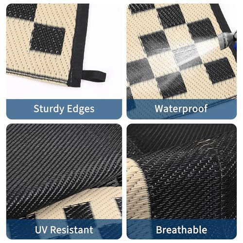 10x14 Large Outdoor Rug Waterproof Weather Resistant Patio Rug with Stakes & Carry Bag, Reversible Plastic Straw Modern Outdoor Carpet for Garden Backyard Balcony RV Mat Black Beige - color: Border1|black Beige, size: 10' x 14' (Rectangular)