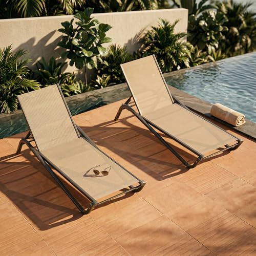 Set of 2 Patio Chaise Lounge Chairs, All-Weather Aluminum Pool Loungers for Outside, 5-Position Adjustable Sunbathing Chair for Deck, Backyard & Poolside, Rust-Proof & Stackable, Beige - color: Beige, size: Set of 2