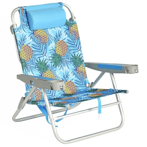 SUNNYFEEL Extra Wide 28" Low Beach Chair 5 Position Lay Flat, XL Oversized Portable Folding Camping Chairs with Cup Holder for Outdoor/Trip, Lightweight Foldable Backpack Beach Chair for Adults - color: Blue Pineapple, size: 1-PACK