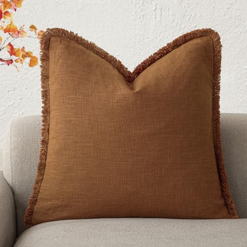Foindtower Decorative Linen Fringe Throw Pillow Covers Cozy Boho Farmhouse Cushion Cover with Tassels Soft Accent Pillowcase for Chair Sofa Bed Living Room Home Decor, 16×16 Inch,1PC,Orange - color: Honey Ginder, size: 16" x 16" (Pack of 1)