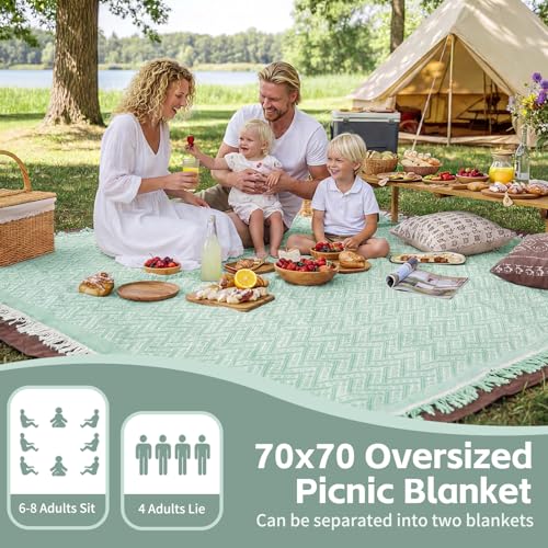 2 in 1 Extra Large Outdoor Picnic Mat Woven Summer Throw Blanket Boho Giant Beach Travel Essential Yoga Accessories Park Patio Lawn Garden Grass Ground Play Music Festival Concert Must Have - color: Sage Green