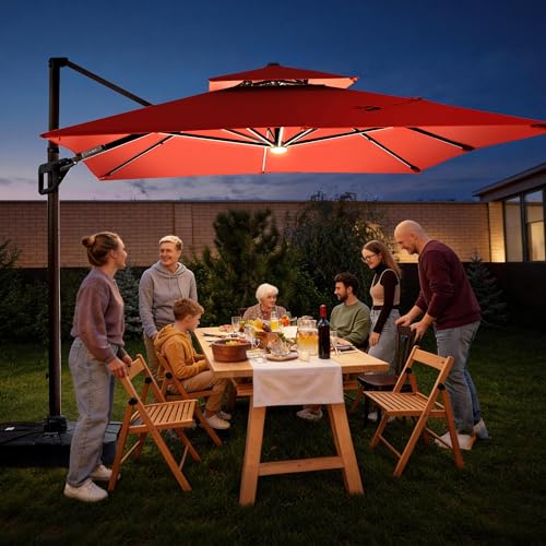 JZAC & QZYD 9x12 FT Outdoor Cantilever Patio Umbrella with LED Lights, Large Heavy Duty 2-Tier Aluminum Offset Umbrellas with 360-Degree Rotation for Pool Deck, Red - color: Red, size: 9'×12'