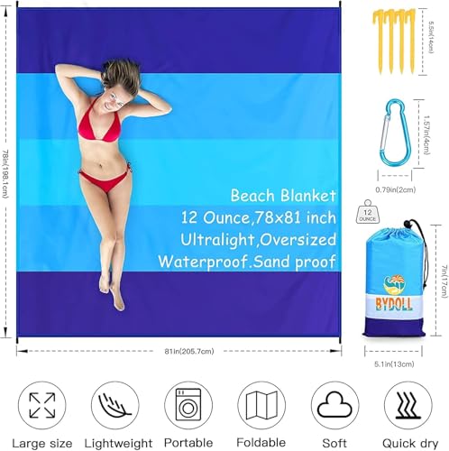 Beach Blanket 78''X81'' 4-7 Adults Quick Drying Outdoor Picnic Mat Accessories for Travel, Hiking，Drying&Compact&Lightweight,Picnic Mat Vacation Essentials for Beach Camping Travel