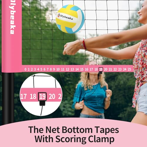 20FT Outdoor Volleyball Net Set System for Backyard Beach with Anti-Sagging Net, Iron Adjustable Height Poles, Soft PU Volleyball and Pump, Carry Bag - Instant Set Up & Durable - color: Pink