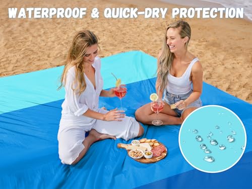 AlphaBeing Beach Blanket Waterproof Sandproof, Extra Large Beach Mat for 1–8 Adults, Oversized Picnic Blanket with 4 Stakes & Storage Bag, Essential Beach Gear for Travel - color: Threeblue, size: 79“×83”