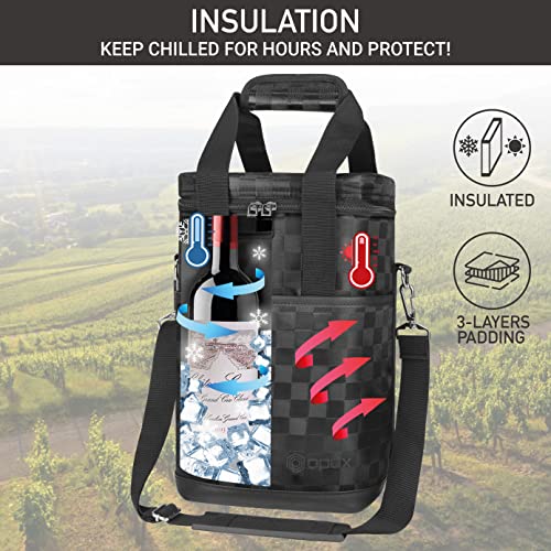 Opux 4 Bottle Insulated Wine Cooler Bag - Leakproof Padded Portable Wine Bottle Carrier for Travel Picnic, BYOB Gift (Black Square) - color: Black Square, size: 4 Bottle