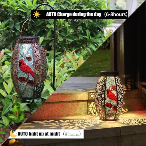 Mothers Day Gifts,Solar Lanterns Outdoor Hanging Light Cardinal LED Glass Light Waterproof Hollowed-Out Metal Decor Garden,Yard,Patio,Gifts,Table,Pathway,Holiday for Women Mom - color: Cardinal-