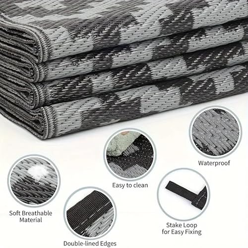 Outdoor Rugs, Outdoor Plastic Straw Rug, Reversible Waterproof Carpet for Camping, Poolside, Garden, BBQ Area, Gazebo Flooring, RV Park & Beach, Square Pattern, Black & Light Gray, 5'x8' - color: Square Frames - Black & Light Gray, size: 5' x 8'