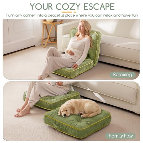 HIGOGOGO Large Floor Pillow Cushion for Adults, Meditation Cushion Pillow with Handle, Lustrous Chenille Tufted, Square Floor Sitting for Tatami Living Room or Yoga, 22x22 Inch, 2Pack, Green - color: Square Green, size: 4" Thick(pack of 2)