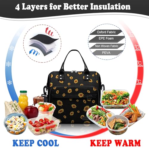 TuErCao Sunflower Lunch Box for Women, Adult Insulated Lunch Bag for Work for Teacher Nurse Mom, Ladies Lunch Tote Bag, Loncheras para Mujer de Trabajo - color: A23: Sunflower, size: Large