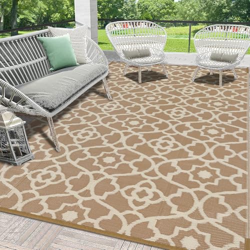 HEBE Outdoor Rug Waterproof 8x10, Plastic Straw Rug Camping Rug, Reversible Outdoor Patio Rugs RV Mat Clearance, Indoor Outside Floor Carpet for Porch,Deck,Camper,Balcony,Backyard - color: Beige, size: 8' x 10' (Rectangular)