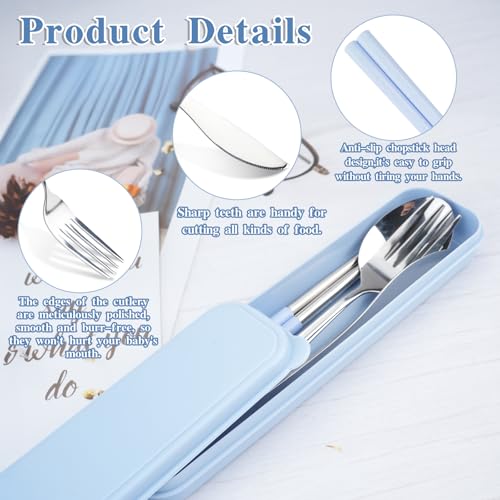 JEPELUS 2 Pcs Travel Utensils with Case, Reusable Lunch Box Silverware Set, Stainless Steel Portable Cutlery Set Fork Spoon Knife Chopsticks Flatware for Work Camping Office School Picnic Adult Kid