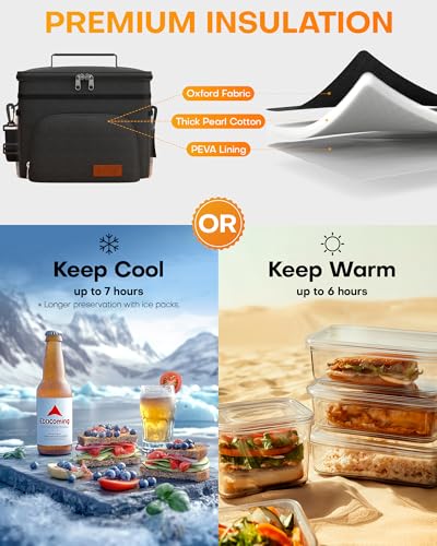 HOTOR Insulated Lunch Box for Men & Women - Leak-Proof Cooler Lunch Bag with 4 Pockets, Adjustable Strap, Ideal for Work, Picnic, Travel - Large, Black, 13.0"×7.9"×9.1" - color: Black, size: 15l - 1 Tier