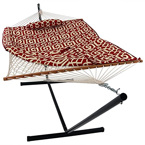 Sunnydaze Rope Hammock with Stand for Outside - Heavy Duty Freestanding Portable Outdoor Hammock Set with Quilted Pad, Pillow, and 12-Foot Steel Frame - 275 lb Capacity - Royal Red - color: Royal Red