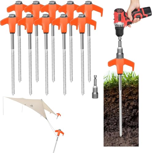 8" Screw in Tent Stakes Heavy Duty, Ground Anchors Screw in, Metal Threaded Tent Spikes, Camping Pegs for Canopies & Gardening Inflatable Decor (20 PCS Orange) - style: 20 PCS Orange
