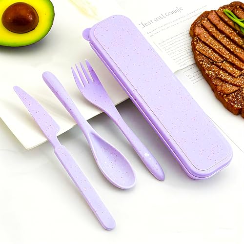 Travel Utensils Set - Reusable 5 Sets Wheat Straw Plastic Cutlery with Case, Portable Forks Spoons and Knives Set, Eco-Friendly BPA Free for Daily Use (5 Purple) - color: 5 Purple