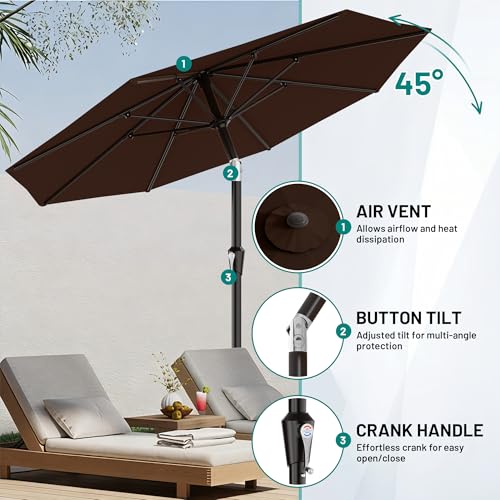AreShark 9 FT Patio Umbrella for Outdoor, Outdoor Table Umbrella with Push Button Tilt and Crank, Outdoor Patio Umbrellas with 8 Sturdy Ribs for Market, Garden, Pool (Brown) - color: Brown, size: 9ft