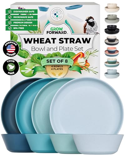 Grow Forward Premium Wheat Straw Plates and Bowls Sets - 8-Piece Wheat Straw Dinnerware Sets - Unbreakable & Reusable Microwave Safe Plastic Dinner Plates for Outdoors, RV, Camping Dishes - Seascape - color: Seascape
