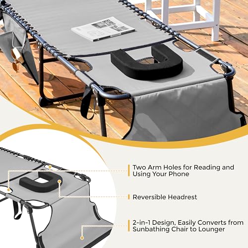 Yaheetech 26.4" Tanning Chair with Face Hole, Adjustable 5-Position Folding Chaise Lounge Chairs, Outdoor Lounge Chairs for Lawn, Beach, Patio, Gray - color: Grey, size: 26.4"