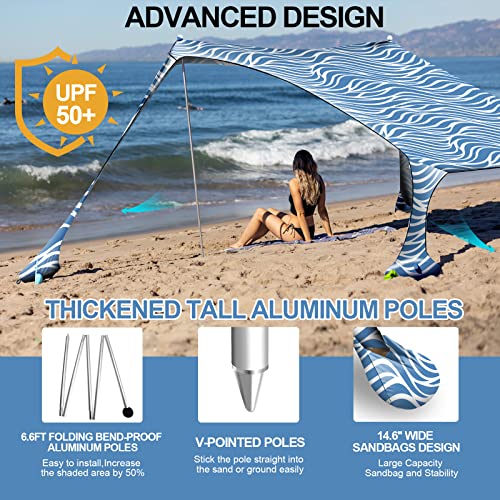 Buheco Beach Tent Pop Up Shade 10x10ft Beach Canopy Sun Shelter UPF50+ with 4 Foldable Poles-Portable Carrying Bag-Sand Shovel-Ground Pegs-Windproof Ropes for Outdoor Family Camping-Fishing- Picnic - color: Sea Wave, size: 10x10FT 4 Pole