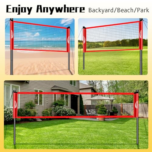 Backyard Badminton Set: Portable Outdoor Net with 4 Performance Rackets, 3 Shuttlecocks & Boundary Line - Complete Heavy-Duty Set for Family Lawn, Grass & Beach Games - color: Red