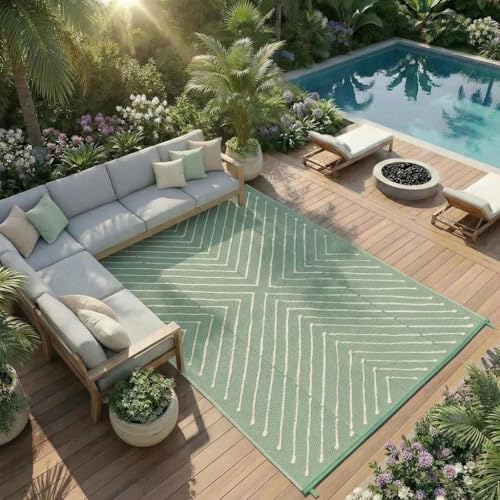 Garvee 9x12 Extra Large Modern Striped Outdoor Waterproof Rug, Reversible Patio Camping Mat for RV, Backyard, Deck, Porch, Balcony, Beach, Garden, UV Protected & Easy Clean Outdoor Carpet, GreenWhite. - color: Greenwhite, size: 9' x 12' (Rectangular)