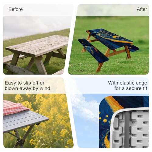 ANNA QUEEN Artistic Starry Night 6FT Picnic Table Cover with Bench Covers Set of 3 with Drawstring Bag, 72"x30" Waterproof Fitted Picnic Tablecloth & Bench Seat Covers for Outdoor Camping Patio - color: #50
