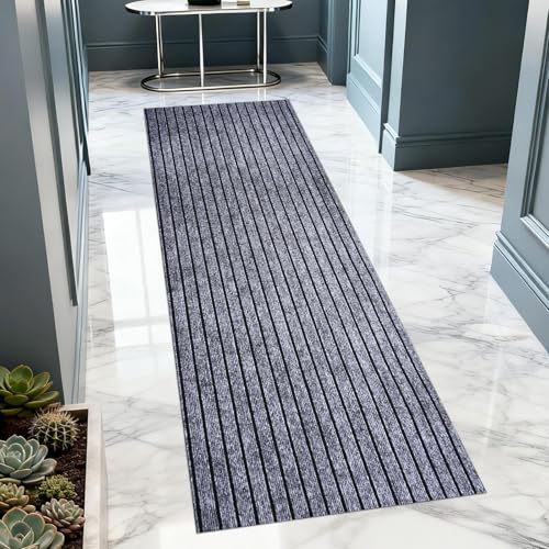 Extra Long 3x15 ft Runner Rug for Hallway, Non-Slip Indoor Outdoor Carpet with TPR Backing, Durable Waterproof Mat for Kitchen, Patio, Balcony, Garage, Deck, Entryway, Stair, Grey Wide Stripes - color: Gray Wide Stripes, size: 3' x 15' (Runner)