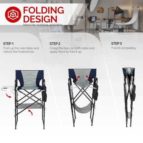 mefeir 31" Extra Tall Director Chair w/Side Table, Heavy-Duty Steel Frame Portable Folding Bar Stool w/Storage Pockets, for Makeup Artist, Salon, Studio, Camping, 300 lbs Capacity (Navy) - color: Navy/Sage Green, size: 31in