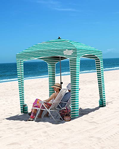 Qipi Beach Cabanas for Sand, Beach Canopy with Sandbags & Side Wall for Family, Easy Set Up Sun Shelter, UPF 50+ UV Protection with Roof Vent - color: 6' x 6' Jervis Bay