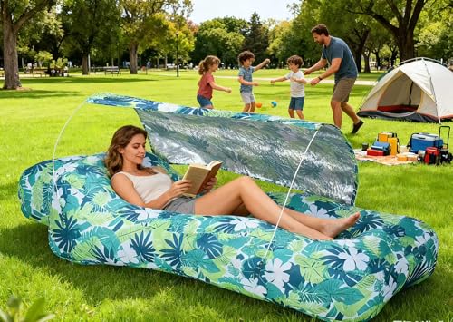 Inflatable Couch,Air Sofa with Sun-Shade Design,Built-in Storage,Ripstop Polyester&Stability Pegs,Portable Air Lounger for Beach,Camping,Easy to Carry,2 Inflation Ways(Included Pump)Leaf Green - color: Leaf Green