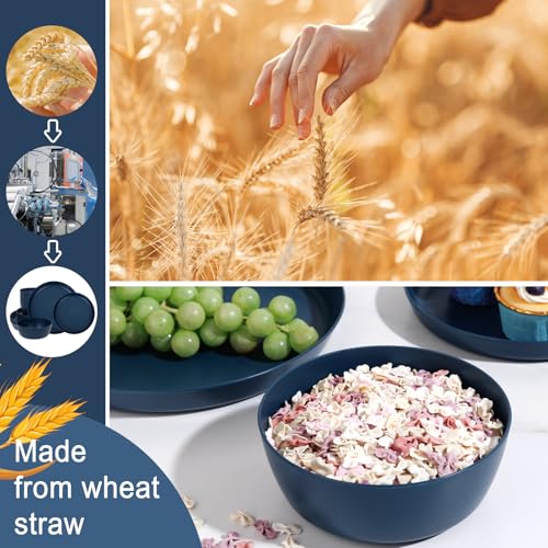 EI 12pcs Dark Blue Wheat Straw Dinnerware Set,Wheat Straw Plates,Plastic Plates Reusable,Plate and Bowls Sets,Unbreakable Plastic Plate for Dinner, Camping,Picnic - color: Dark Blue Wheat Straw Plates and Bowls