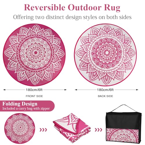 Round Outdoor Rug 6ft Waterproof Reversible Boho Plastic Straw Patio Deck Camping Rugs, Indoor Outdoor Portable RV Mat Carpet for Outside, Porch, Balcony, Backyard, Beach, Pool, Pink - color: Pink, size: Round 6ft