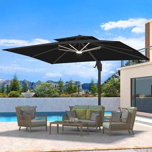 10 X 13 FT Cantilever Patio Umbrella with LED Lights Outdoor Heavy Duty Double Top Windproof Rectangle Offset Umbrellas with 360-degree Rotation for Pool Deck Backyard, Black - color: Black, size: 10' X13'-Weighted Base Not Included