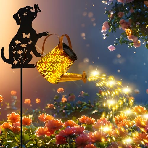 Solar Lights Outdoor Decorative, Watering Can with Cascading Lights, with Dog Silhouette Garden Stakes, Waterproof Metal Garden Decor Mom Christmas Gifts 2 Pack - color: Dog 2 Pack