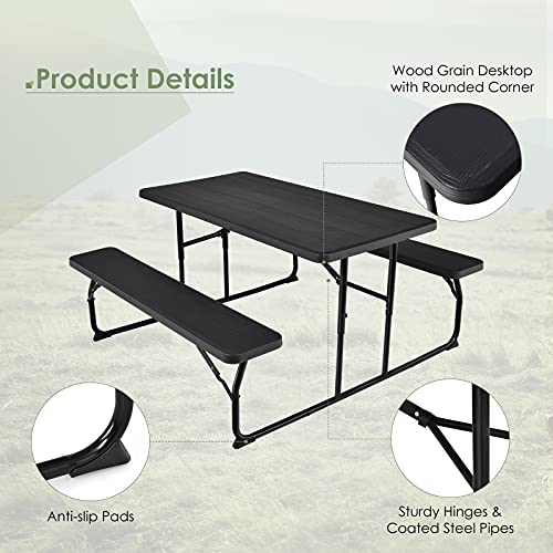 Giantex Folding Picnic Table Bench Set, Outdoor Dining Table Set, Large Camping Table for Patio Deck Lawn Garden Backyard Poolside, Portable Picnic Tables, Weather Resistant Metal Frame, Black - color: Black