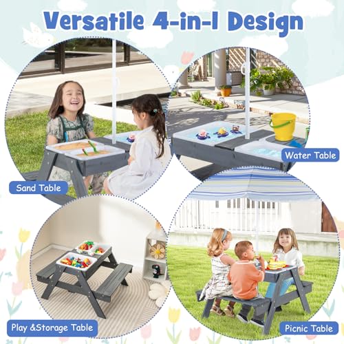 HONEY JOY Kids Picnic Table, 4 in 1 Cedar Wooden Sand & Water Table w/ 3 Removable Box & Umbrella, Kids Picnic Tables for Outdoors Backyard Garden, Toddler Patio Furniture Set for Boys Girls(Gray)
