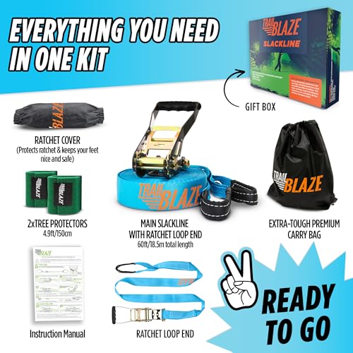 Complete Ninja Slackline Kit - 60ft Slack Line for Backyard for Kids & Adults - Wider Tree Protectors Slackline Kit for Ninja Warrior Obstacle Course for Kids Outdoor Playset (Essential Kit - Blue) - color: Blue