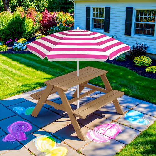 Best Choice Products Wooden Kids Picnic Table with Umbrella, Outdoor Activity Table Set with Built-in Benches, 220 lb Capacity per Bench - Natural/Dark Pink - color: Natural/Dark Pink