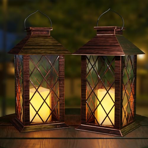 Outdoor Solar Lanterns, Waterproof Hanging Lantern with LED Flickering Flameless Candle, 13'' Bronze Outdoor Solar Powered Lantern Decor for Porch Patio Garden Balcony Pathway, 2 Pack - size: Bronze 2 Pack