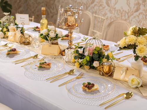 Rubtlamp 60Pcs Clear Plastic Plates,Clear Disposable Plates With Gold Rim,Heavy-duty Gold Plates,Hammered Party Plates Include 30Clear Dessert-Platos,30Dinner-Platos for Wedding, Party - color: Clear Gold