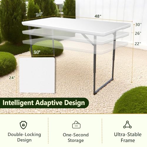 Folding Table, 4FT Foldable Picnic Table with Adjustable Height, Heavy Duty Fold-in-Half Portable Table for Weddings, Camping, RV Travel, Parties, BBQs, and Indoor Use, Easy to Fold and Store - color: White, size: 4FT