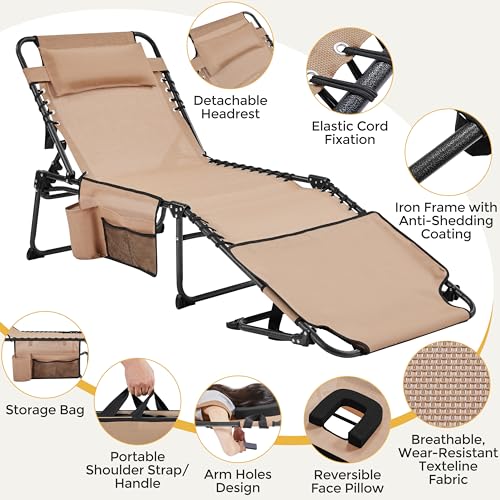 Yaheetech 26.4" Tanning Chair with Face Hole, Adjustable 5-Position Folding Chaise Lounge Chairs, Outdoor Lounge Chairs for Lawn, Beach, Patio, Beige - color: Beige, size: 26.4"