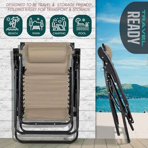 Amazing for less Zero Gravity Lounge Chair Adjustable Outdoor Reclining Chair Folding Patio Anti-Gravity Indoor Outdoor Lounge Chair w/Pillow, Cup Holder (One Chair -Beige) - color: One Chair - Beige