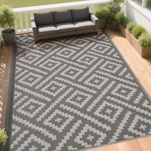 RURALITY Outdoor Rugs 9x12 Feet for Patios Clearance,Plastic Straw Waterproof Mats for RV,Backyard,Porch,Deck,Balcony,Coffee&Beige - color: Cross-coffee&ivory, size: 9' x 12' (Rectangular)