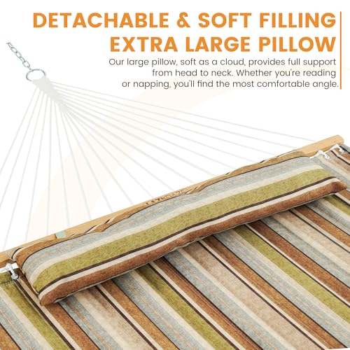Lazy Daze Hammocks 12 FT Quilted Fabric Double Hammock with Spreader Bars and Detachable Pillow, 450lbs Weight Capacity, Brown Stripe - color: Brown Stripe
