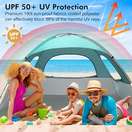 WhiteFang Beach Tent Anti-UV Portable Sun Shade Shelter for 3/4/6/8 Person, Extendable Floor with 3 Ventilating Mesh Windows Plus Carrying Bag, Stakes and Guy Lines - color: Mint Beige, size: 3 Person
