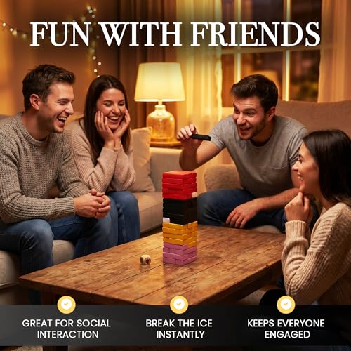 Risk or Drink - Naughty Wooden Block Tower Game for Couples, Freak or Drink 54 Challenges + Blindfold & Dice, Date Night Dares, Do or Drink, Valentine's Day