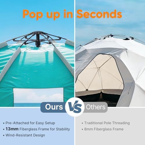 Golabs BT1 Pop up Beach Tent Sun Shelter for 3-Person, 1-Minute Setup by Pre-Attached Pole & UPF 50+, Beach Shade with Detachable Floor Mat, Mesh for Clear View & Airflow, only 7 lbs & Pocket and Hook - color: GREEN
